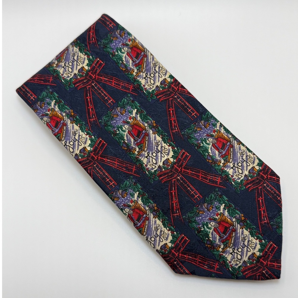 Robert Talbott Silk Tie OS Christmas Holiday Santa Wreath Navy Festive Novelty